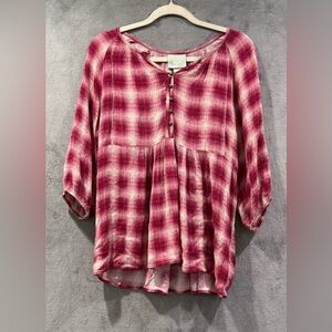 Maeve Anthropologie Cavalon Peplum Plaid Pink White Blouse Women’s Size Small